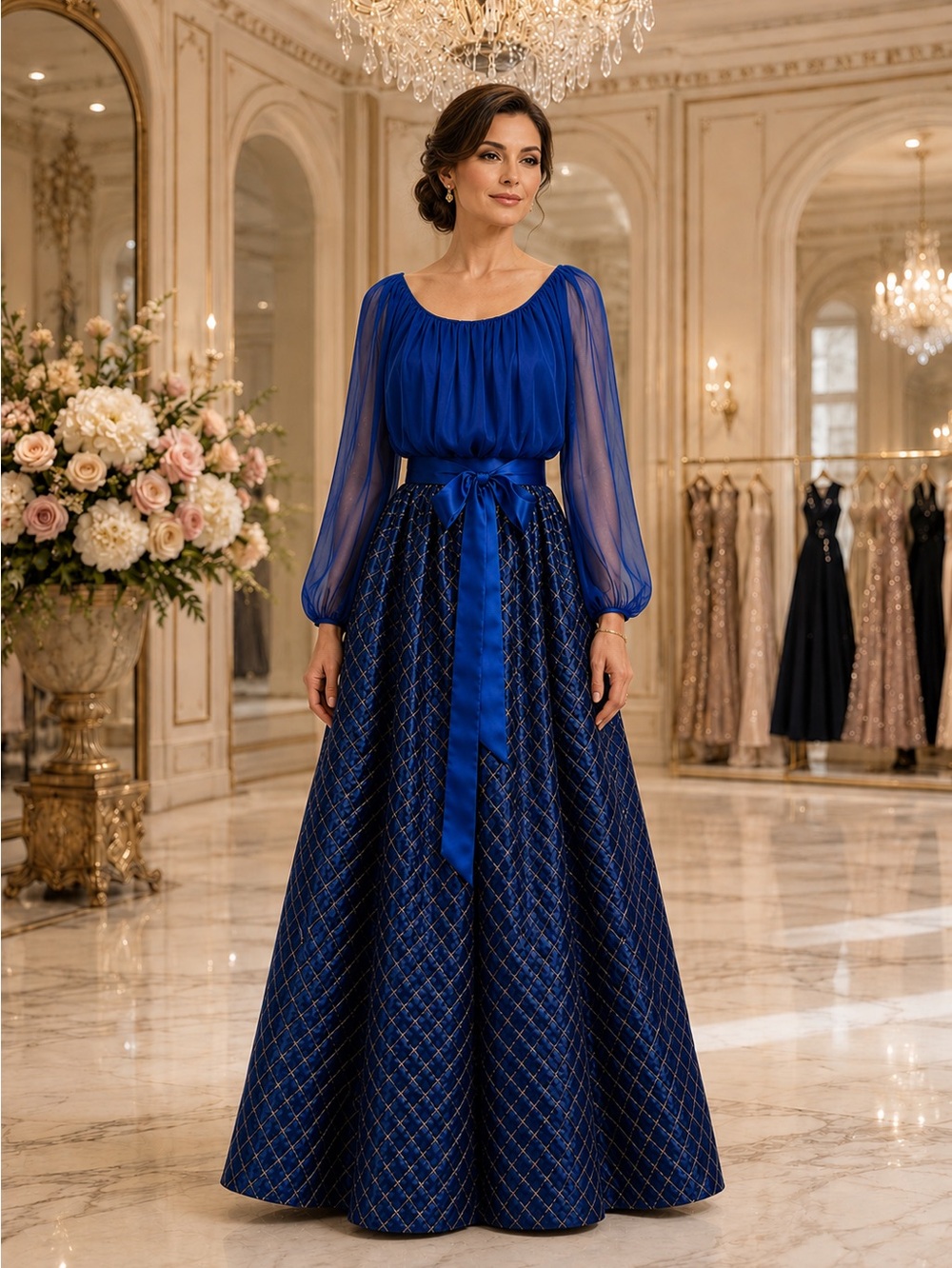 Vintage 1990s Oscar de la Renta Studio Blue Gold Brocade Ball Gown Size 8